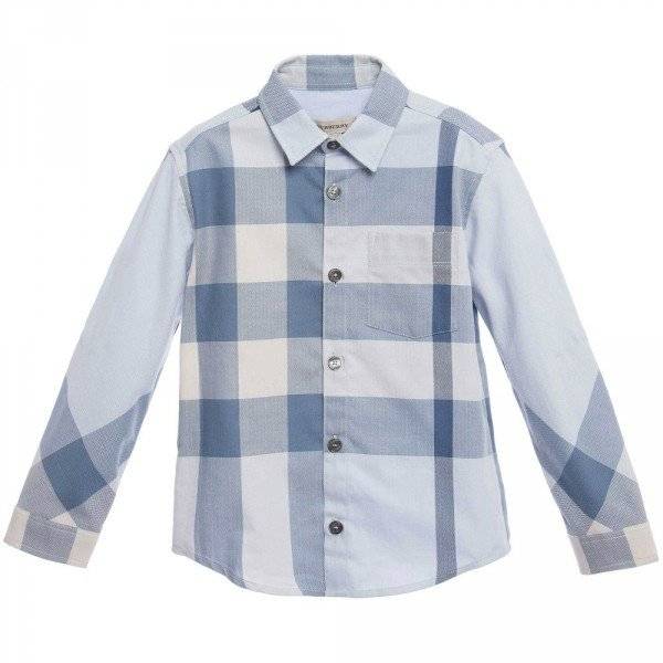 Burberry Boys Blue Check Herringbone Long Sleeve Shirt