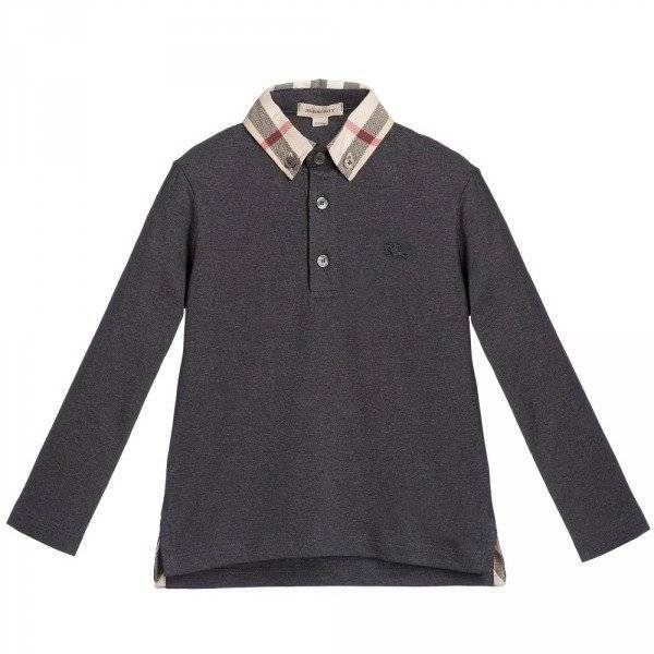 Burberry Boys Grey Polo Check Collar Long Sleeve Shirt