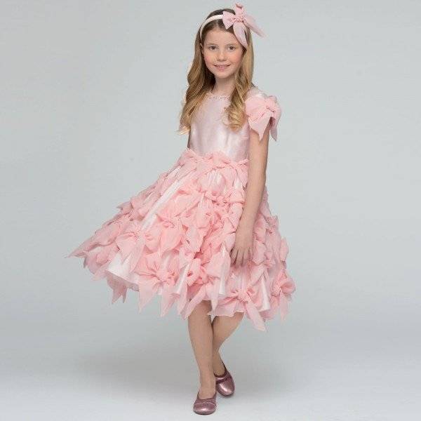 LESY LUXURY FLOWER Girls Pink Chiffon Bow Pearl Neckline Dress