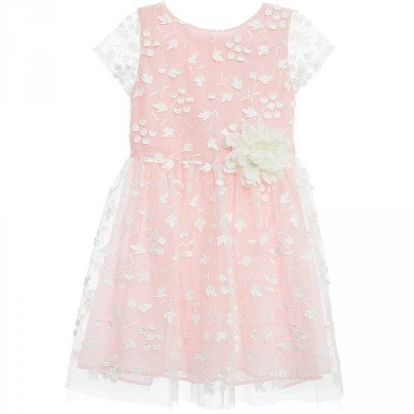 CHARABIA Girls Pink & White Embroidered Tulle Party Dress