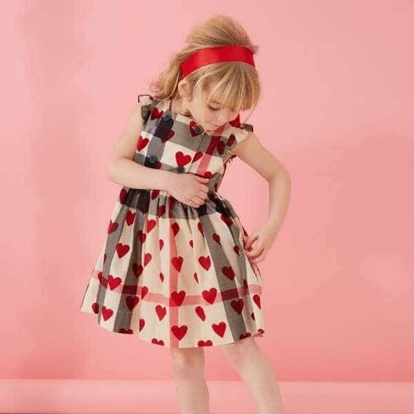 Beige Cotton Checked Dress with Hearts