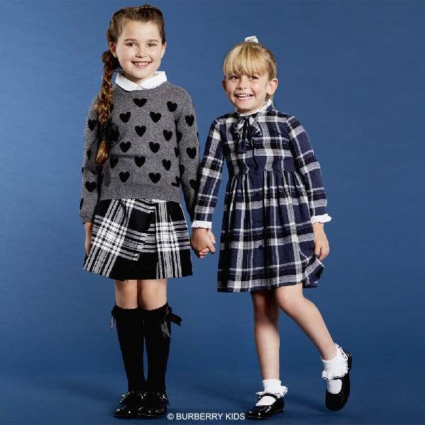 BURBERRY Girls Grey Heart Sweater & Black White Check Kilt Skirt
