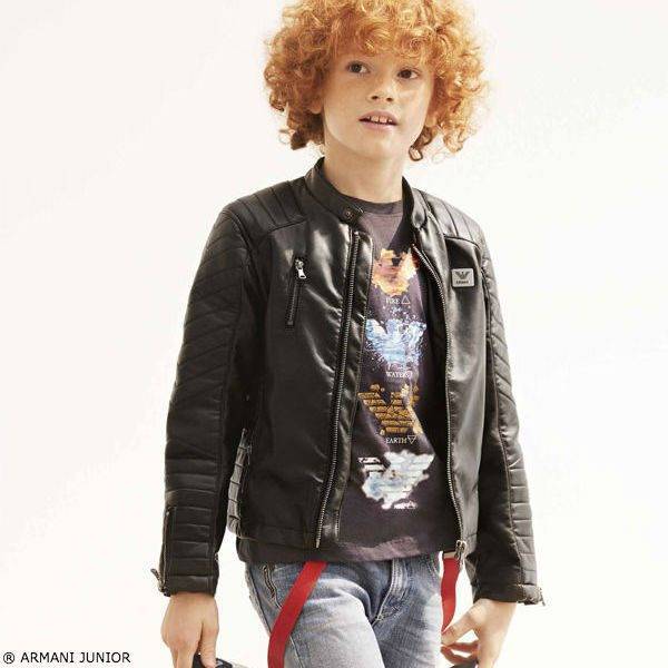 snijder Baby Middag eten Armani Junior Boys Blue Logo T-Shirt and Leather Jacket