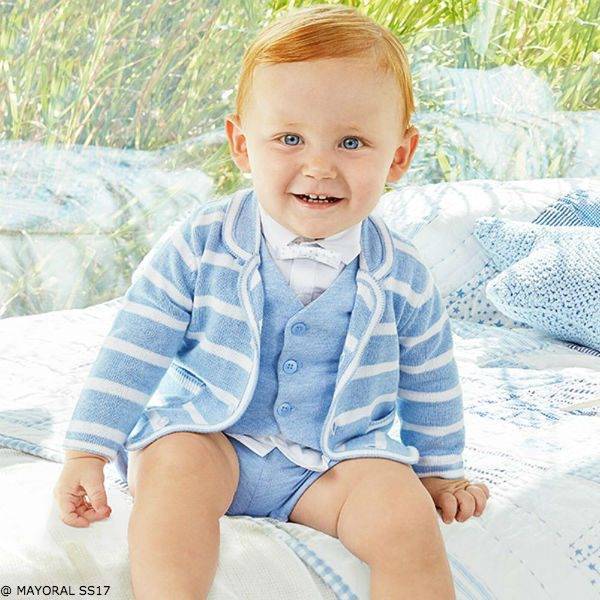 MAYORAL NEWBORN Baby Boy Light Blue Vest Shorts Striped Sweater