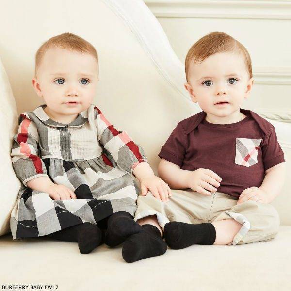 Burberry Baby Girls Beige Check Dress Boys Burgundy T-Shirt