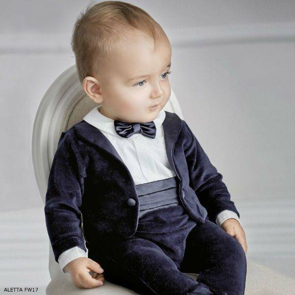 Aletta Baby Boys Navy Blue Velour Special Occasion Suit Romper