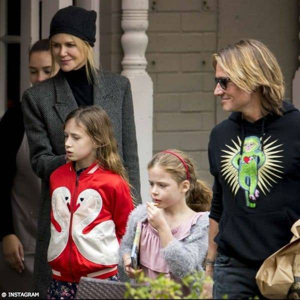 Nicole Kidman Daughters Sunday Rose Faith - Stella McCartney Kids Red Swan  Bomber Jacket