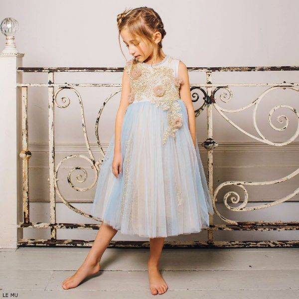 Le Mu Girls Light Blue & Gold Lace Tulle Party Dress