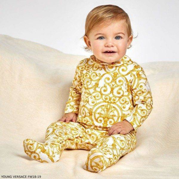 Young Versace Baby Girls Ivory & Gold Baroque Babygrow