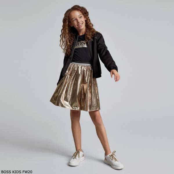 BOSS Kids Girls Black Logo Shirt & Metallic Gold Skirt