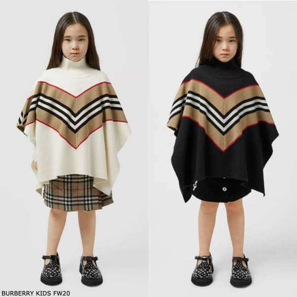 Burberry Kids Girls Ivory & Black Wool Icon Stripe Ponchos