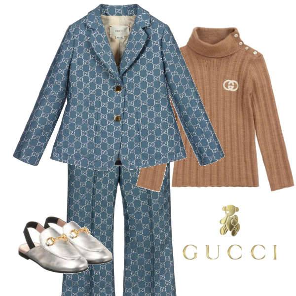 Gucci Girls Mini Me Blue & Silver GG Blazer Jacket Pant Suit