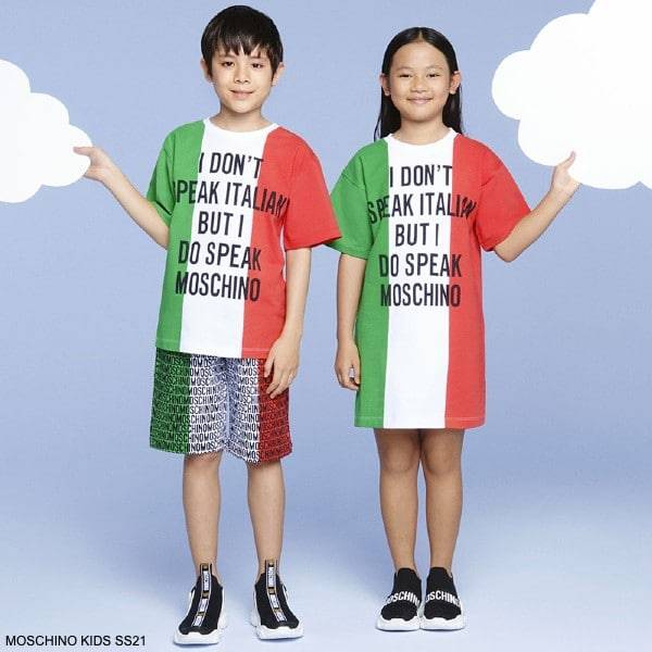 Moschino Kids White Green Red Italian Flag I Speak Moschino T-Shirt
