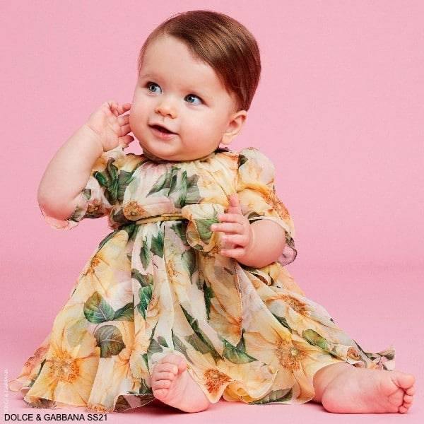 Dolce & Gabbana Baby Girl Yellow Silk Camellia Floral Print Dress