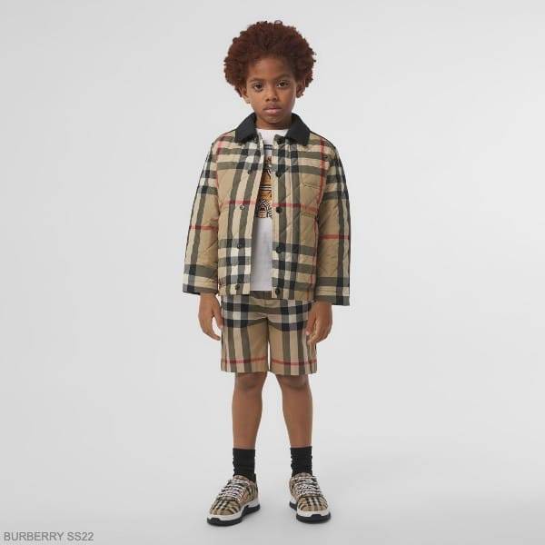 Burberry Kids Boys Beige Check Black Collar Quilted Jacket