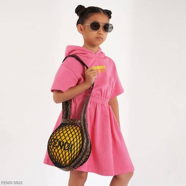 Fendi Kids Girls Pink Fendiness Logo Hooded Short Sleeve Dress