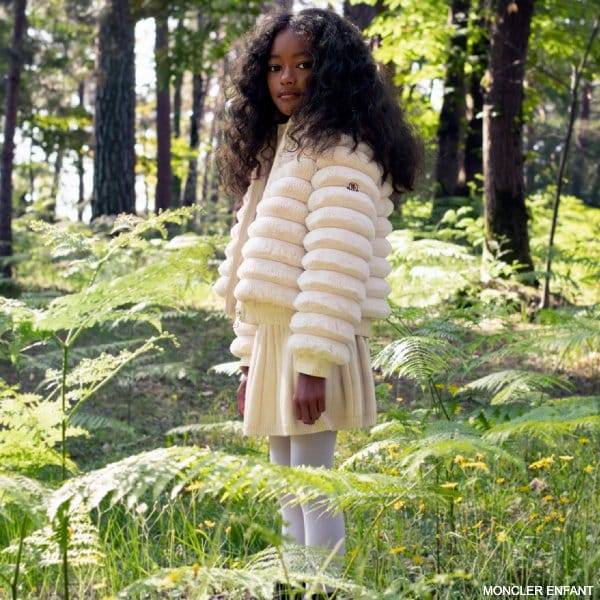 Moncler Enfant Girls Ivory White Faux Fur Down Padded Jacket