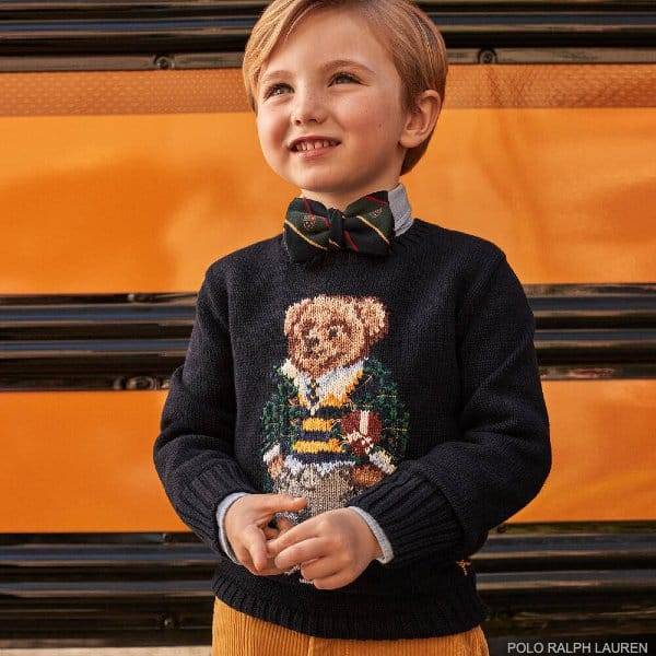 Polo Ralph Lauren Boys Blue Back to School Teddy Bear Sweater