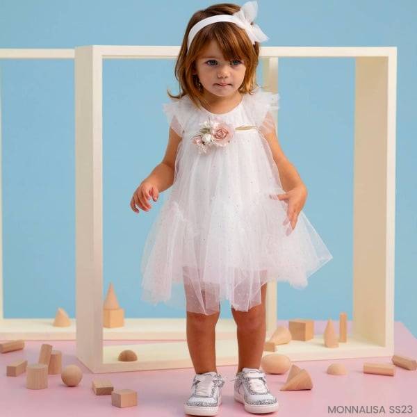 Monnalisa Baby Girls Ivory Tulle Dress - Designer Kids Wear