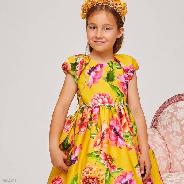 Graci Girls Yellow Floral Puff Sleeve Summer Party Dress